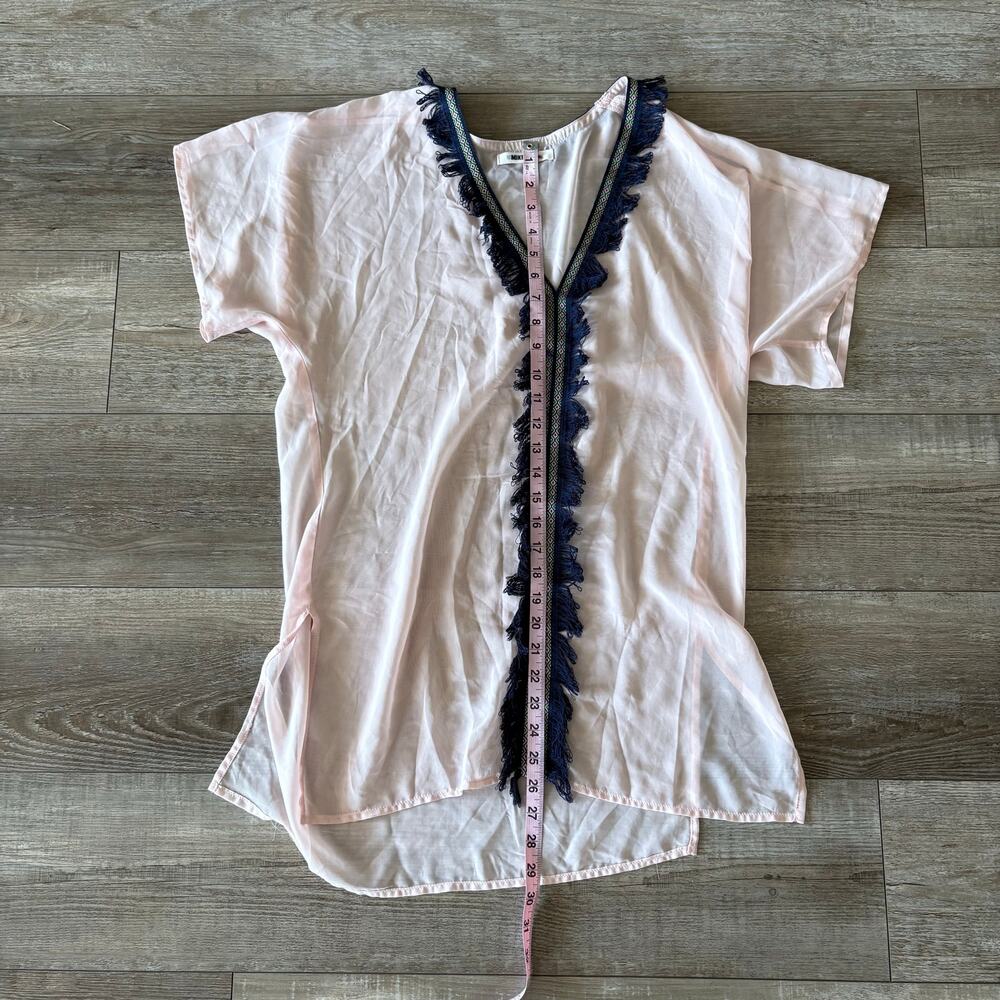 Miken Swim Cover Up Pink Fringe Sheer Lightweight Embroidered Tropical Romantic - Picture 5 of 6
